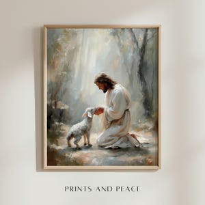The Gentle Shepherd – Jesus with Lamb, Christian Wall Art Oil Painting, John 10:14, Digital Download, The Lamb and the Shepherd,