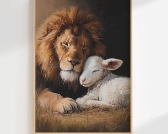 The Lion And The Lamb, Christian Oil Painting Wall Art, lion, lamb, Christ, Jesus, God, lion of Judah, Lamb Of God, (Digital Download)