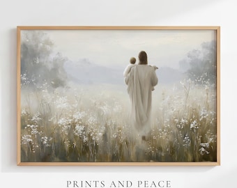Em Seus Braços — Carregado pelo Bom Pastor, Arte Cristã para Parede, Download Digital, Pintura a Óleo, “Eu sou o bom pastor” — João 10:11, Arte de Jesus