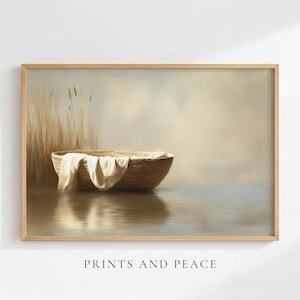 Peut inclure: Une impression d'art murale encadrée représentant un panier tressé contenant un tissu drapé de couleur crème, placé près de grands roseaux au bord d'une étendue d'eau calme. Le texte PRINTS AND PEACE est inscrit sous l'image.