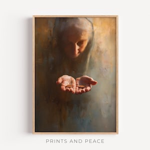 Puede incluir: Una impresión artística enmarcada que representa a una persona con una expresión serena, mostrando las manos abiertas con dos monedas. La obra de arte utiliza una paleta de colores cálidos, centrándose en la cara y las manos. El texto "PRINTS AND PEACE" está en la parte inferior.
