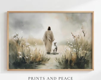 The Good Shepherd – Jesus Walking with the Lost Lamb, Christian Oil Painting, Faith Wall Art, Digital Download, Digital Download, Christ,