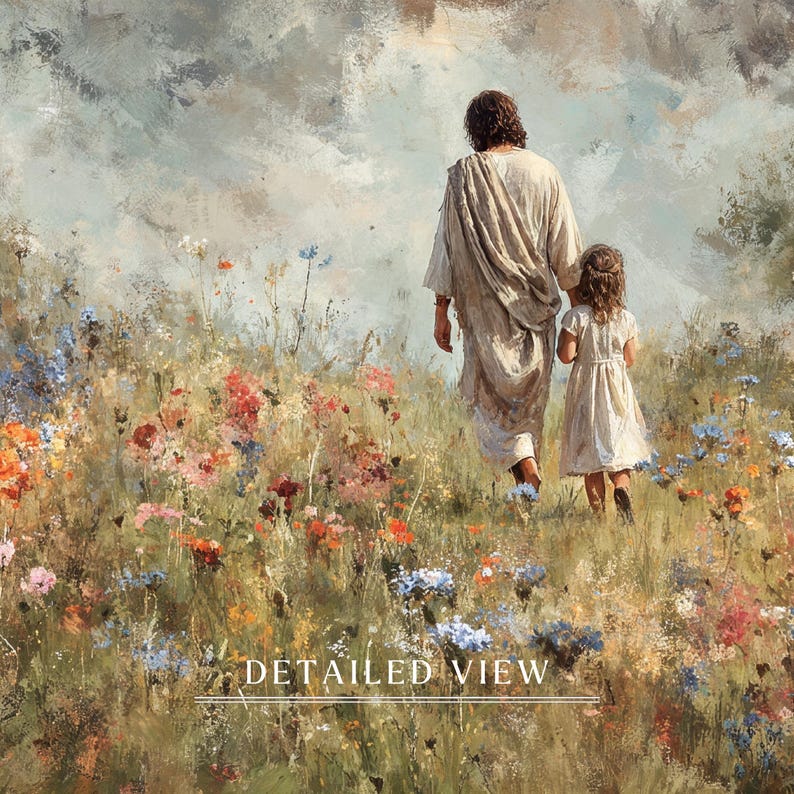 Walking With Jesus – Child With Christ in Meadow, Christian Wall Art ...