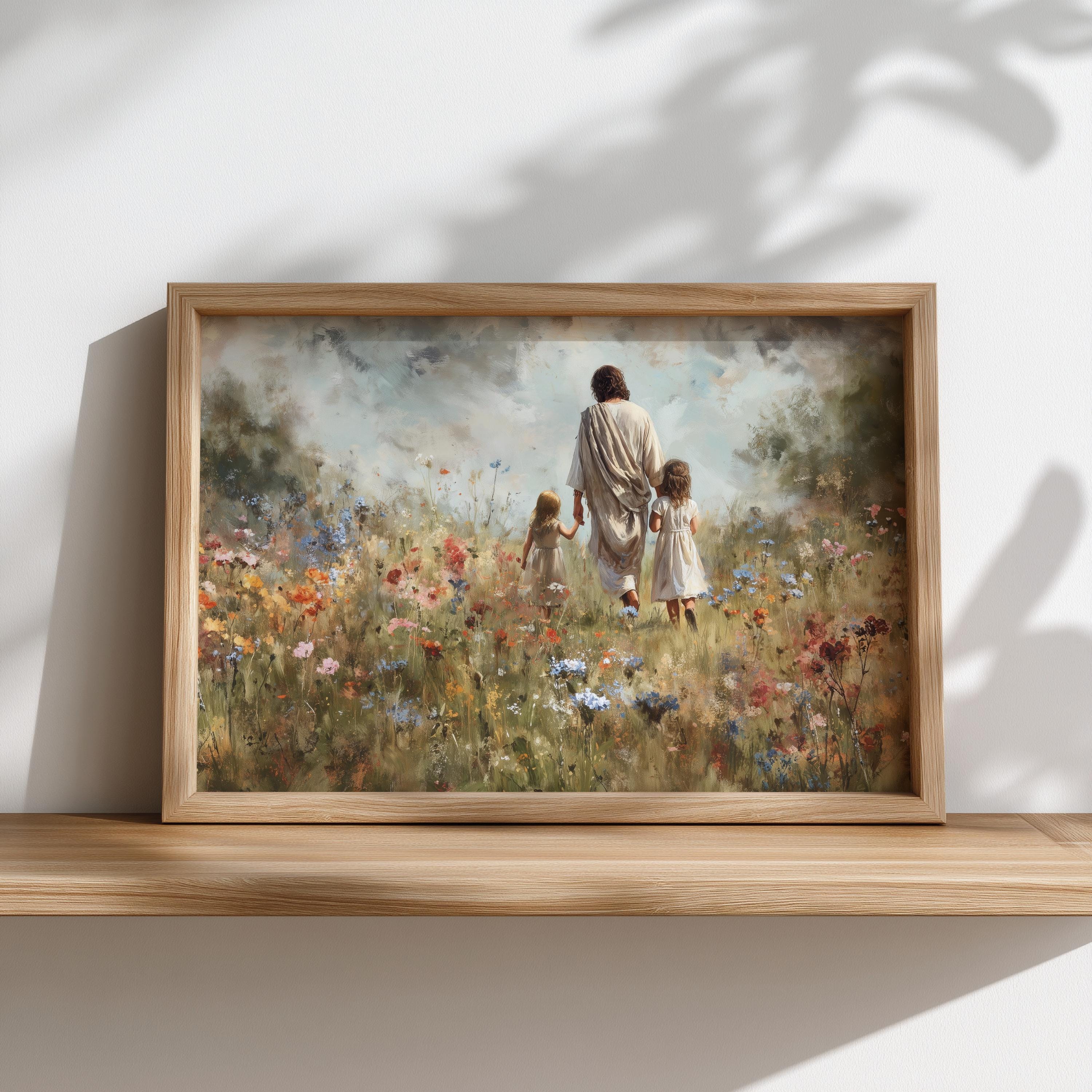 Walking With Jesus – Children With Christ in Meadow, Christian Wall Art ...