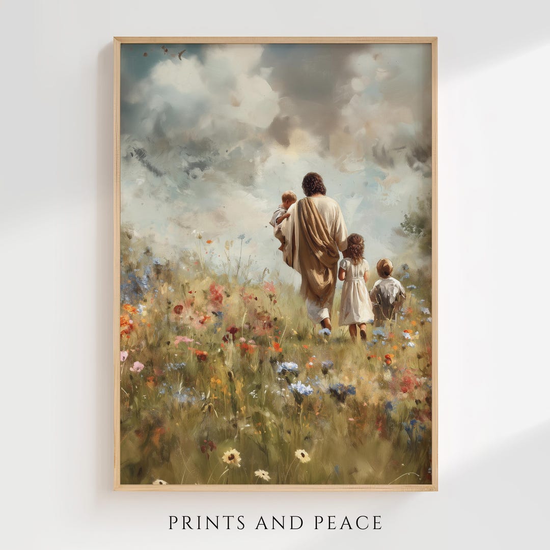 Walking With Jesus – Children With Christ in Meadow, Christian Wall Art ...
