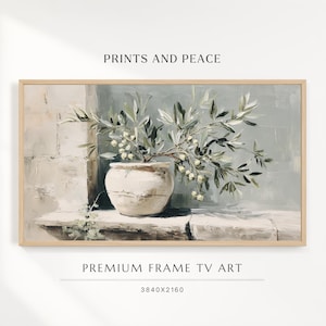 May include: A rectangular framed digital artwork titled PRINTS AND PEACE featuring a painting of an olive branch in a white ceramic pot resting on a stone ledge against a muted blue-grey wall. The text PREMIUM FRAME TV ART 3840x2160 is below.