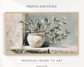 FRAME TV art Olive Branches in Clay Pot, Neutral Samsung Frame tv art vintage style oil painting, Botanical tv screensaver olive green beige