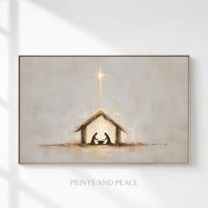 Krippe - Minimale Krippe mit Leitstern, Christliche Weihnachtswandkunst, digitaler Download, Geburt Christi unter dem Stern,