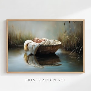 Baby Moses im Korb - Christliche Wandkunst, Moses im Nil Ölgemälde, Christliche Bibelgeschichten Wandkunst, Exodus Schrift Kunstwerk