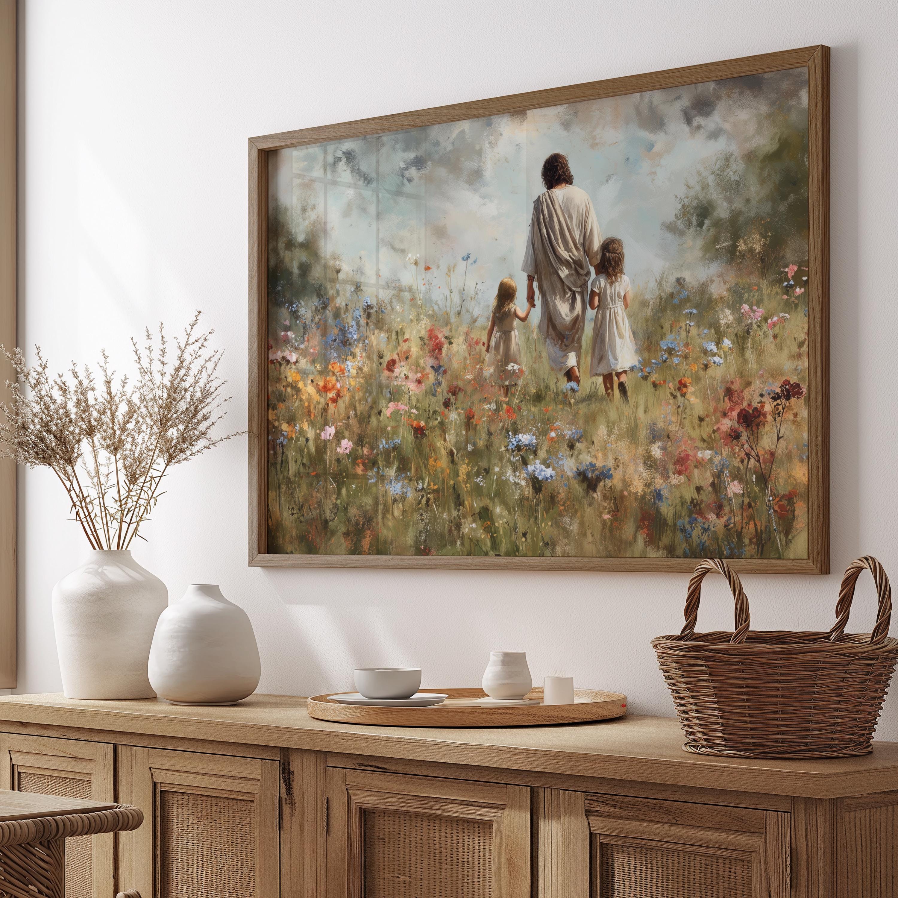 Walking With Jesus – Children With Christ in Meadow, Christian Wall Art ...