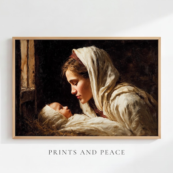 Moeder Maria en baby Jezus christelijke kunst aan de muur – olieverfschilderij kerststal, geloof geïnspireerde religieuze kunstafdruk, digitale download,