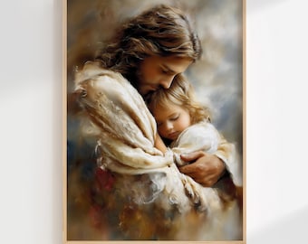 Jesus Christ Holding Little Girl - Christian Oil Painting Wall Art, Digital Download, Jesus Faith Decor, Let the little children come to Me