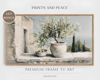 オリーブの枝の絵画 | オリーブの木の植物アート | 落ち着いた色彩