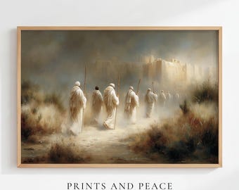 Les murs de Jéricho - Art mural biblique, peinture à l'huile de Josué et la bataille de Jéricho, oeuvre d'art chrétienne de l'Ancien Testament, téléchargement numérique
