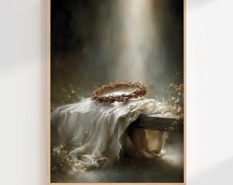 Ele Ressuscitou - Arte de Parede Cristã da Ressurreição, Túmulo Vazio com Coroa de Espinhos, Arte da Fé da Páscoa, Decoração Cristã Neutra, Download Digital