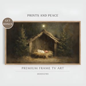 Puede incluir: Una impresión enmarcada de una escena de la Natividad. La obra de arte representa a un bebé acostado en un pesebre dentro de una estructura de madera, con una estrella brillante encima. El texto "PRINTS AND PEACE" y "PREMIUM FRAME TV ART" son visibles.