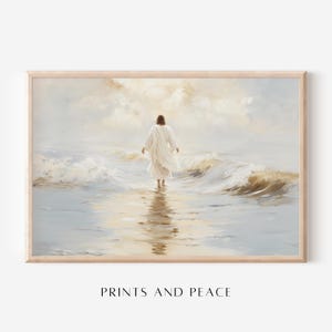 Jesus Christ Walking on Water, Neutral Christian Art, Jesus Portrait, I Will Walk With Christ, Jesus Oil Painting Wall Art, Digital Download