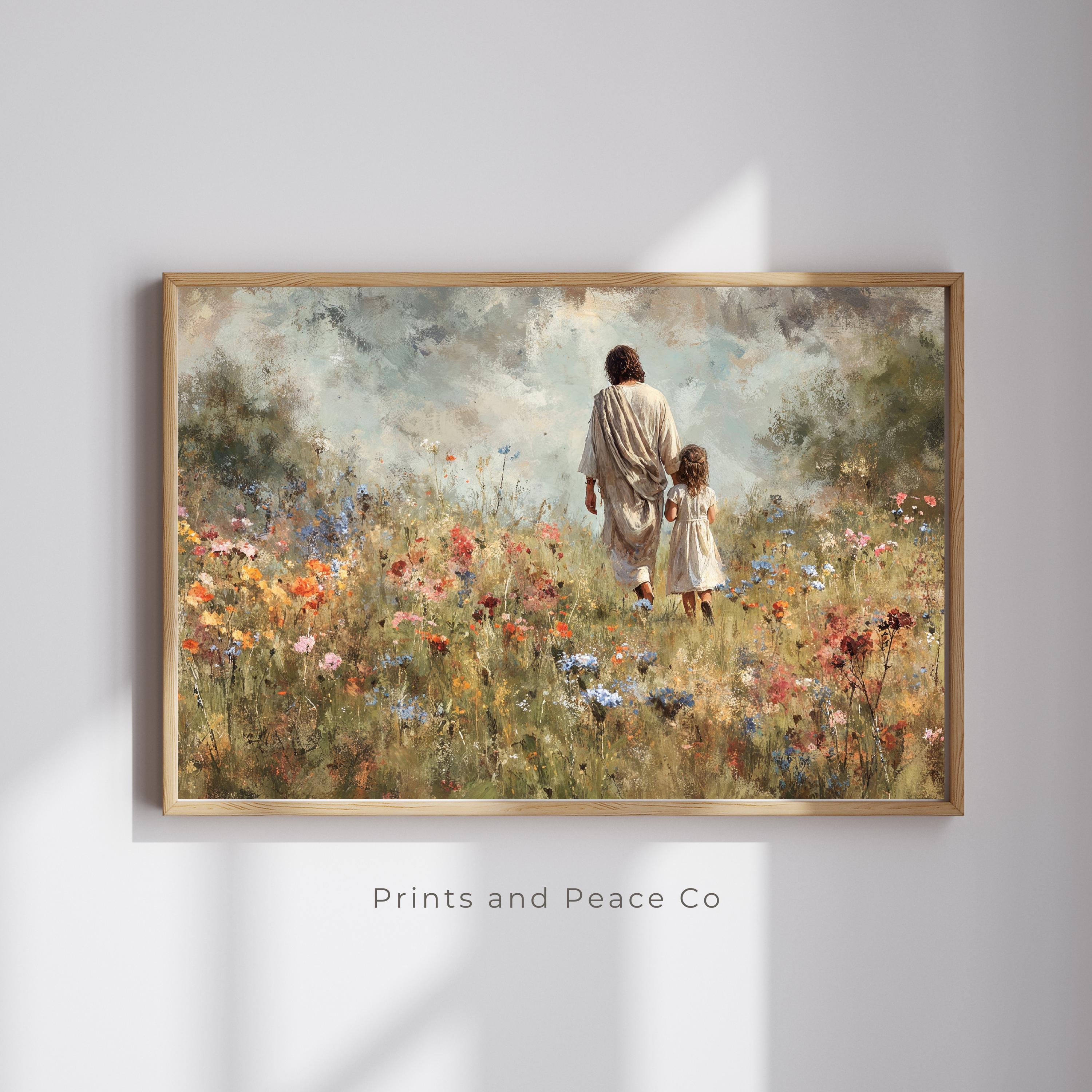 Walking With Jesus – Child With Christ in Meadow, Christian Wall Art ...