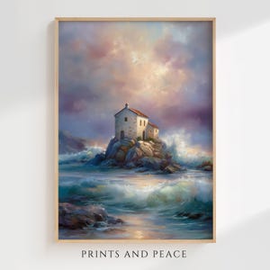 Casa na Rocha - Arte Cristã para Parede, Versículo Bíblico de Mateus 7:24, Pintura a Óleo "Fé Acima da Tempestade", Arte Costeira, Download Digital