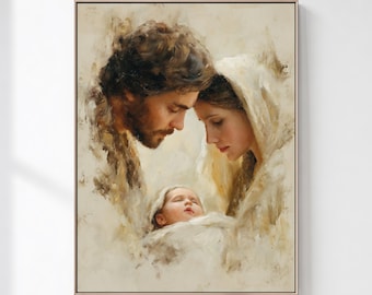 Belén - José, María y el Niño Jesús - Pintura al óleo Arte cristiano / Arte mural navideño, Descarga digital, Momento sagrado de la Sagrada Familia,