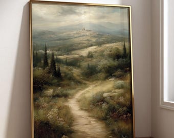 Puede incluir: Un cuadro de paisaje enmarcado que muestra un camino de tierra que serpentea por un campo de hierba con flores silvestres, árboles de hoja perenne oscuros y colinas bajo un cielo nublado, en un marco dorado fino.
