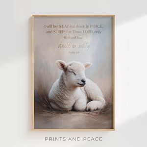 Lay Me Down in Peace – Psalm 4:8 Christian Scripture Wall Art, Sleeping Lamb Print, Modern Faith Decor, Rest in God’s Safety