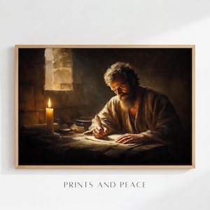 May include: A framed print of a man writing at a table, illuminated by candlelight. The artwork features a warm color palette with a focus on the man's face and hands. The text "PRINTS AND PEACE" is at the bottom.