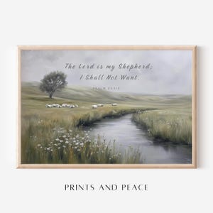 Psalm 23 – pejzaż z Pisma Świętego, sztuka ścienna „Pan jest moim pasterzem”, chrześcijański obraz pasterski o spokojnym charakterze, sztuka z wersetem biblijnym „Spokojne wody”