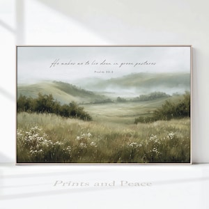 Psalm 23:2 Wall Art – He Makes Me Lie Down in Green Pastures – Neutral Christian Landscape Printable, Peaceful Scripture Home Decor