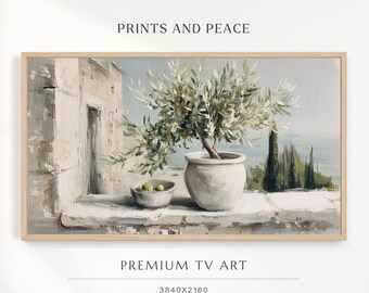 FRAME TV art Olive Branches Outside, Neutral Samsung Frame tv art vintage style oil painting, Botanical tv screensaver olive green beige