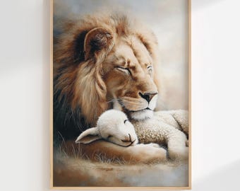 The Lion And The Lamb, Christian Wall Art, lion, lamb, Christ, Jesus, God, lion of Judah, Lamb Of God, Peaceful Print (Digital Download)