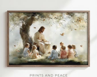 Niños con Jesús bajo el árbol - Dejad que los niños vengan a mí, Arte mural cristiano, Pintura al óleo de Jesucristo, Descarga digital