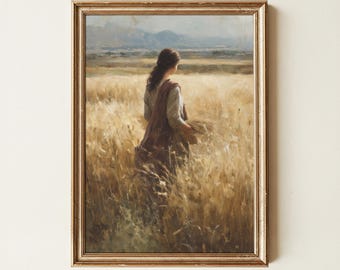 Ruth in the Wheat Field – Painterly Biblical Art Print, Christian Oil Painting Wall Art, Vintage, Rustic, Digital Download, Fields of Boaz