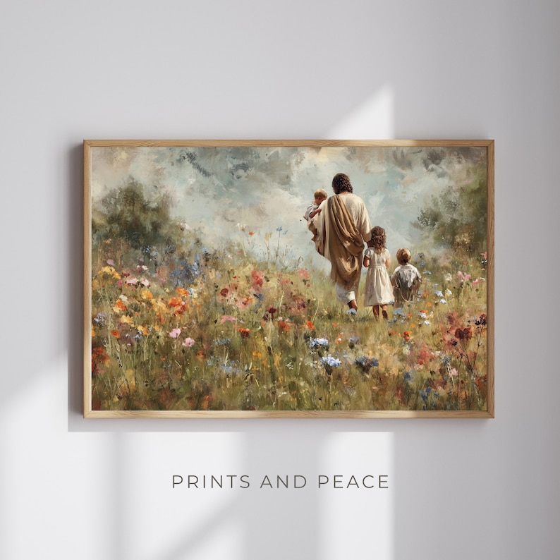 Walking With Jesus – Children With Christ in Meadow, Christian Wall Art ...