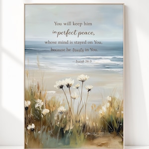 Perfect Peace Coastal Scripture Art – Isaiah 26:3 Bible Verse Wall Art, Ocean Landscape Oil Painting, Christian Wall Art, Digital Download