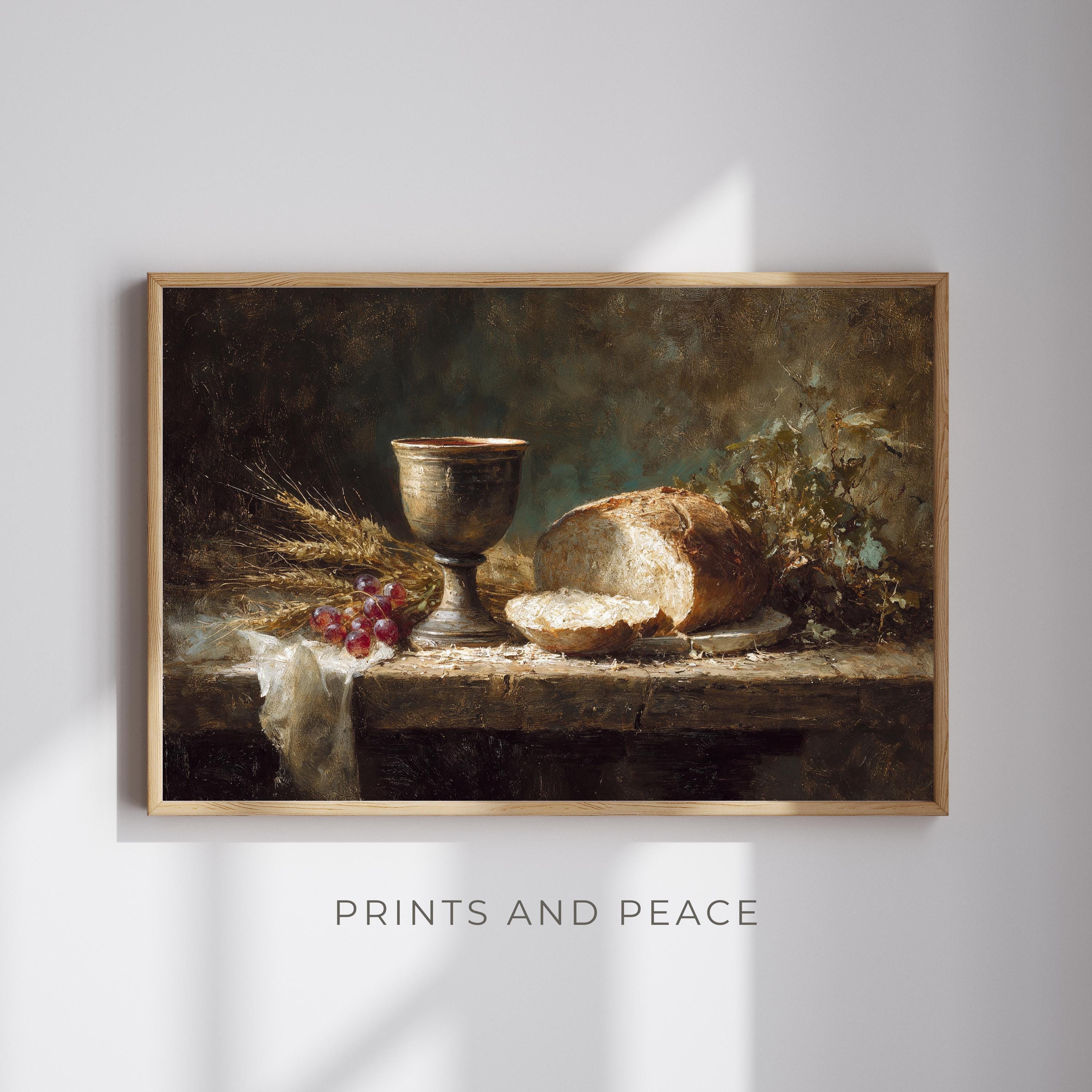 聖餐の静物画、パンとワインとオリーブの枝、デジタルダウンロード