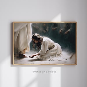 May include: A framed print shows a woman kneeling in front of a figure in white robes. The woman, in a white dress, reaches towards the figure's feet. Other figures are in the background. The text "Prints and Peace" is at the bottom.