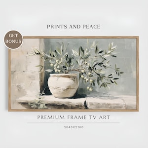 May include: A framed painting of a white vase with olive branches and small white berries. The painting has a neutral color palette with the text "PRINTS AND PEACE" and "PREMIUM FRAME TV ART".
