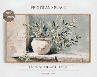FRAME TV art Olive Branches in Clay Pot, Neutral Samsung Frame tv art vintage style oil painting, Botanical tv screensaver olive green beige
