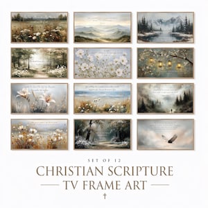 May include: Set of 12 Christian Scripture TV frame art prints. Each print features a landscape scene with a Bible verse. The art includes images of flowers, mountains, trees, and an eagle. The prints are in a variety of colors.