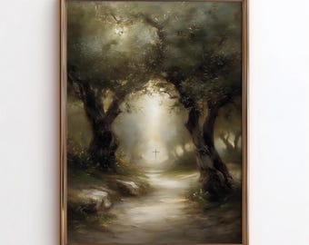 Puede incluir: Una impresión de arte mural enmarcada que representa un sendero que serpentea a través de un bosque oscuro y sombreado de árboles nudosos. Una luz brillante y etérea brilla al final del camino, donde una pequeña cruz fina se alza al fondo.