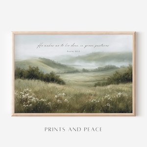 Psalm 23:2 Wall Art – He Makes Me Lie Down in Green Pastures – Neutral Christian Landscape Printable, Peaceful Scripture Home Decor