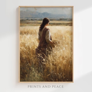 Ruth in het tarweveld – schilderkunstige bijbelse kunstafdruk, christelijk olieverfschilderij kunst aan de muur, vintage, rustiek, digitale download, Fields of Boaz