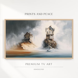 Pode incluir: Uma impressão de arte digital emoldurada intitulada PRINTS AND PEACE, PREMIUM TV ART, 3840x2160. A obra retrata duas casas em formações terrestres separadas sob um céu tempestuoso e nublado, uma numa duna de areia e outra num rochedo.