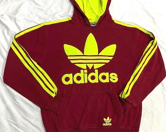 Vintage y2k adidas trefoil hoodie maroon neon yellow-colorblock streetwear pullover size M rare