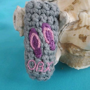 Chapstick Holder Cozy Key Chain Embroidered  OBX Flip Flops- Gray