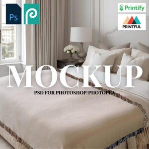 May include: A bed with white bedding and a beige blanket with a fringed edge. The word "MOCKUP" is displayed in large white letters, with "PSD FOR PHOTOSHOP/PHOTOPAE" below. The Printify and Printful logos are visible.