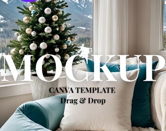 May include: A square white throw pillow mockup featuring the text MOCKUP, CANVA TEMPLATE, and DRAG & DROP. The pillow is positioned on a sofa with teal velvet cushions and a white textured throw blanket, near a Christmas tree and a window.