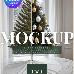 May include: A Christmas tree decorated with gold and silver ornaments. The image includes the text "MOCKUP" and "CANVA BACKDROP TEMPLATE". The tree is on a marble table with a white cloth.