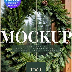 Christmas Wreath Door Mockup Holiday Decor Mockup for Ornaments, Bows, Garland Canva Template Digital Download JPG Christmas Decor